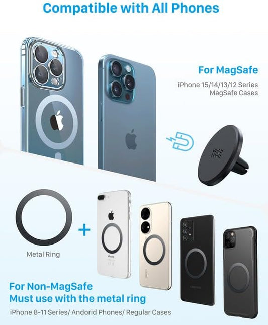 YOSH MagSafe Car Mount Air Vent, 2-Pack Magnetic Car Phone Holder with Extra Metal Rings, Super Stable Magnet Phone Cradle for Vent with iPhone 17/16/15/14/13/12 Samsung S24 S23