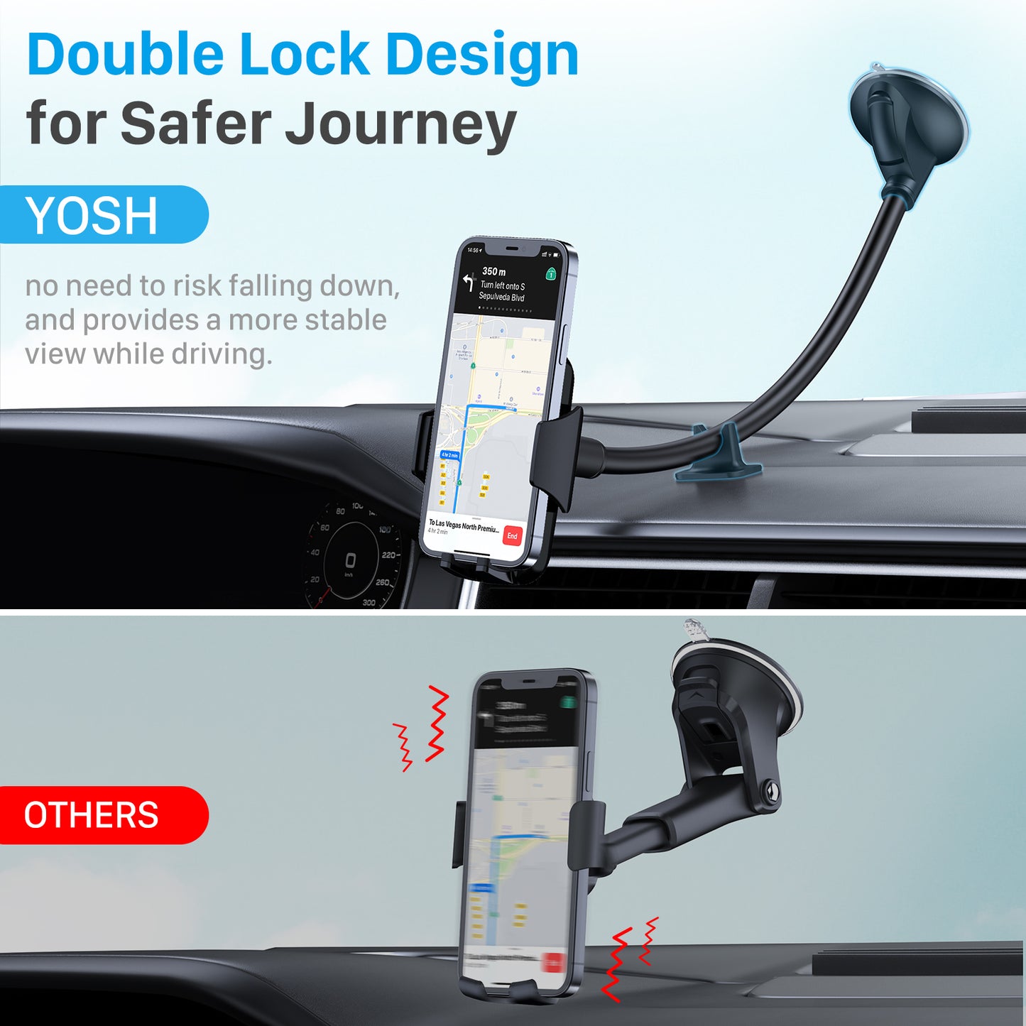 YOSH Auto-Telefonhalter für die Windschutzscheibe, verstellbare Telefonhalterung für die Windschutzscheibe mit langem Schwanenhalsarm und starkem Saugnapf, benutzerfreundliche Telefonhalterung für Auto-Minivan für iPhone 15 14 13 12 Samsung Huawei Xiaomi