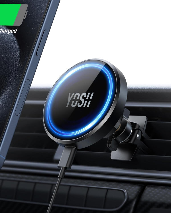 YOSH Mag-Safe Car Charger Mount, 15W Fastest Charging & 16x N52 Magnets New Magnetic Wireless iPhone Car Charger Air Vent, Perfect for iPhone 15/14/13/12 Series & MagSafe Case with Double Lock Clips