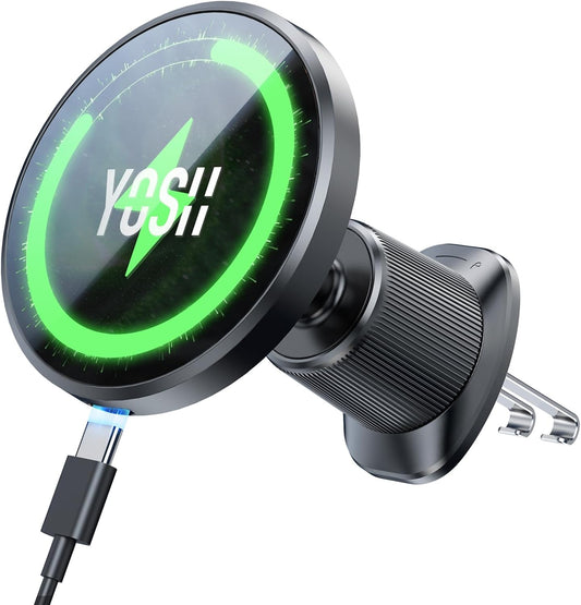 Support de chargeur de voiture YOSH MagSafe, charge la plus rapide de 15 W et 16 aimants N52 Nouveau chargeur de voiture magnétique sans fil pour iPhone, parfait pour les séries iPhone 16/15/14/13/12 et étui MagSafe avec clips de verrouillage doubles