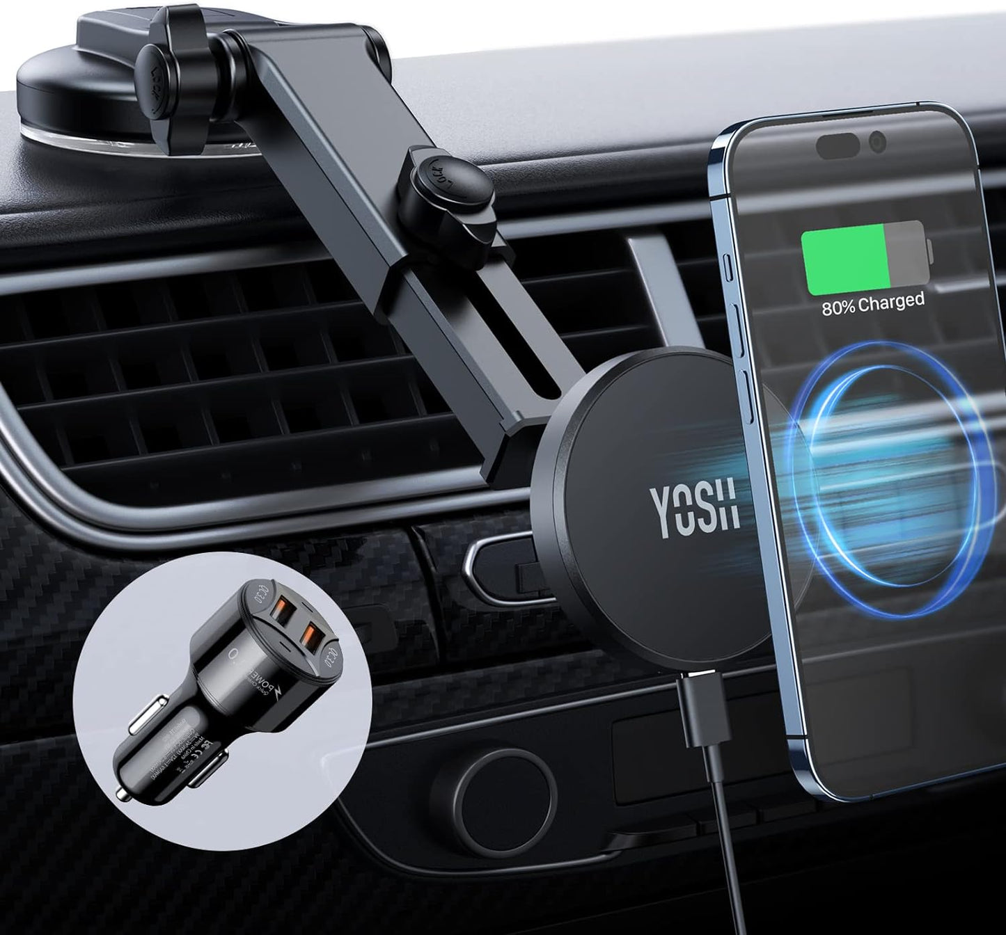 YOSH MagSafe Car Charger Mount Dashboard, Magnetic Fast Charging iPhone Wireless Car Charger Mount, Magnet Phone Holder with 36W Car Charger Adapter for iPhone 16/15/14/13/12 Series & MagSafe Case