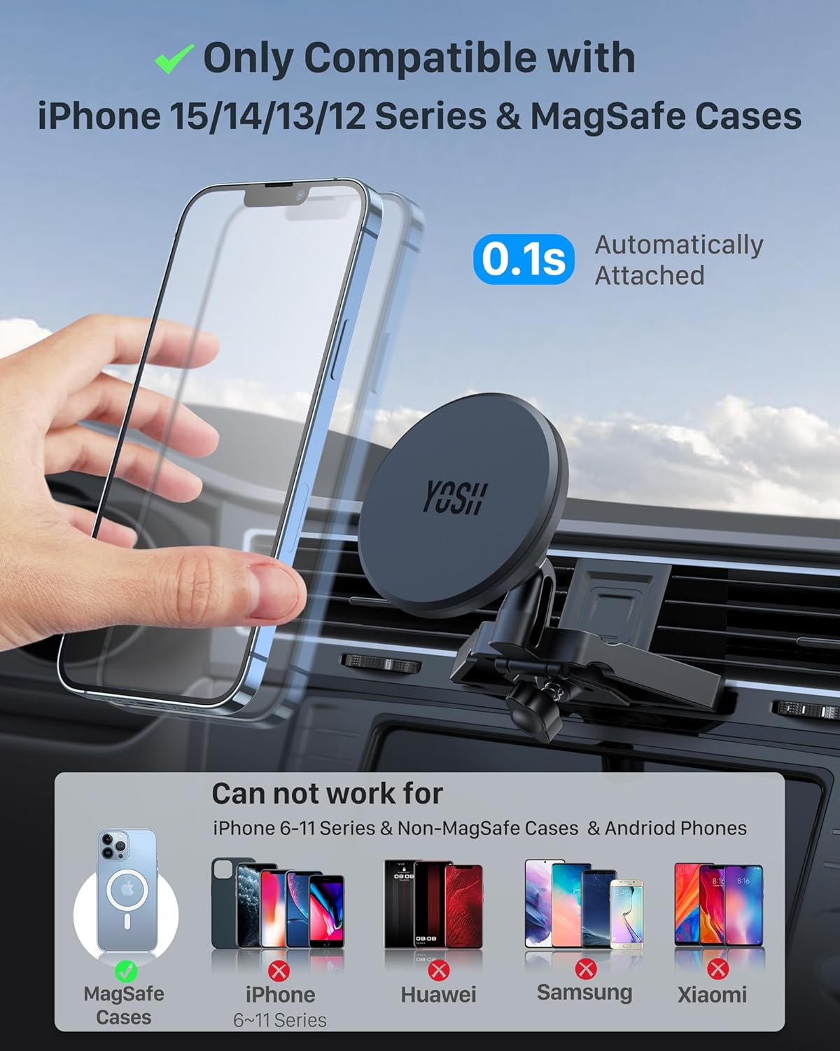 YOSH Mag-Safe Car Mount CD Slot Phone Holder for Car, CD Magnetic Phone Mount, iPhone Cradle Magnet, for iPhone 16/15/14/13/12 Series & MagSafe Case