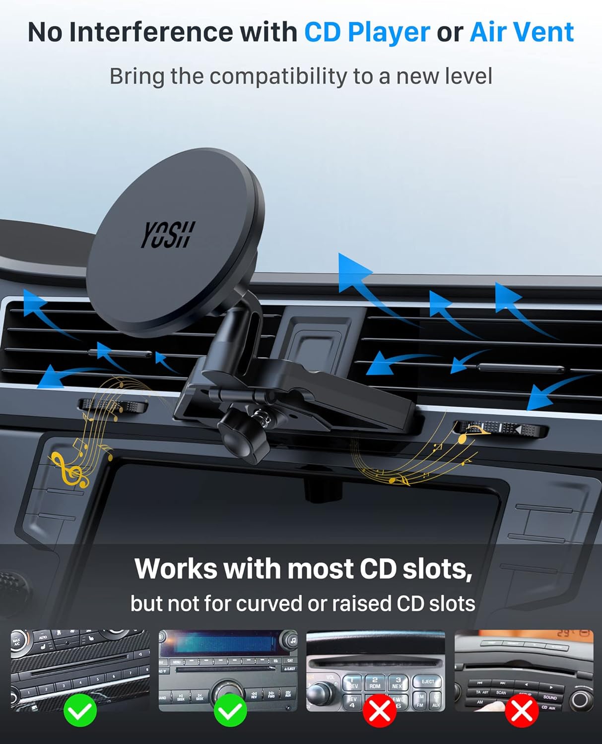 YOSH Mag-Safe Car Mount CD Slot Phone Holder for Car, CD Magnetic Phone Mount, iPhone Cradle Magnet, for iPhone 16/15/14/13/12 Series & MagSafe Case