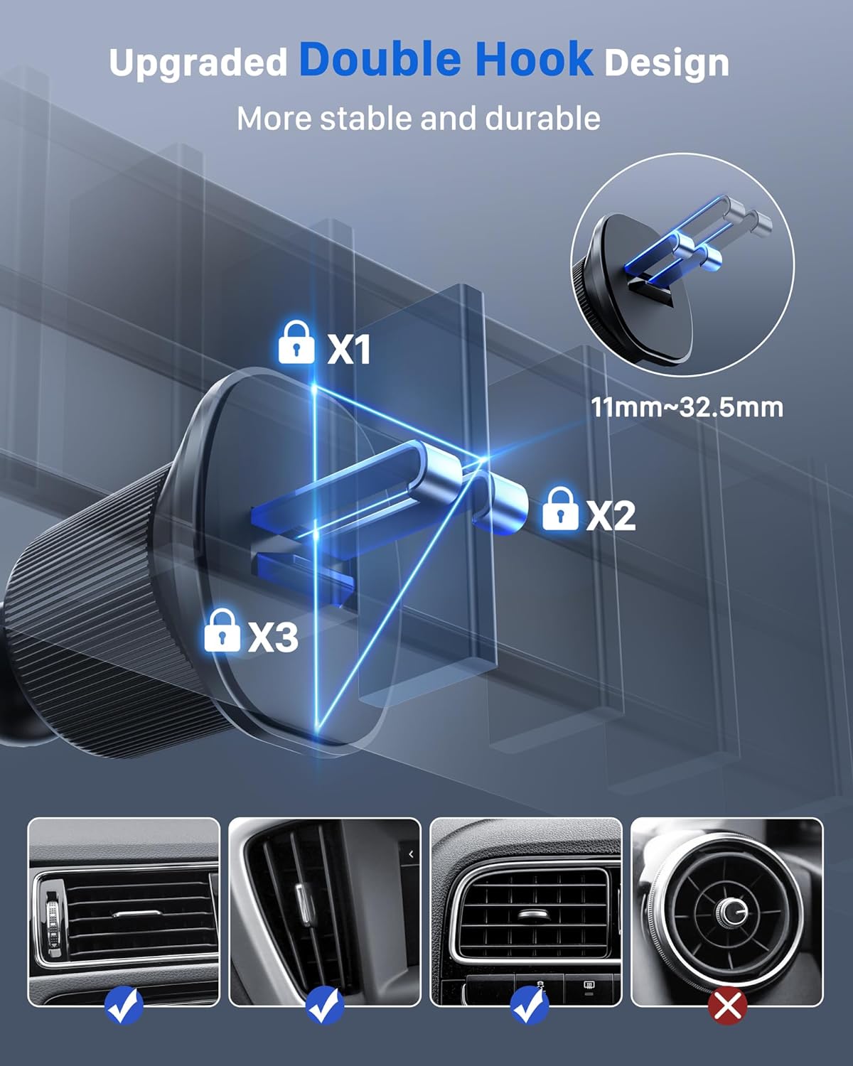 YOSH Car Phone Holder, Mobile Phone Mount for Air Vent, iPhone Car Holder with Double Metal Hooks, Super Stable for iPhone 17 16 15 14 13 12 Samsung Pixel 4.0''- 7.0'' Phones