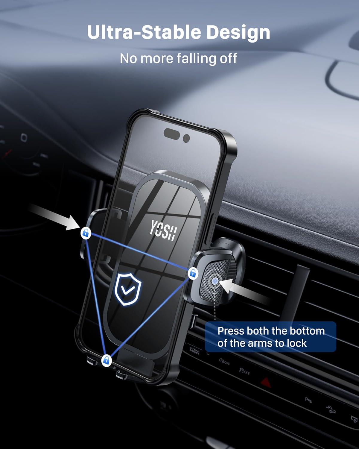 YOSH Car Phone Holder, Mobile Phone Mount for Air Vent, iPhone Car Holder with Double Metal Hooks, Super Stable for iPhone 17 16 15 14 13 12 Samsung Pixel 4.0''- 7.0'' Phones