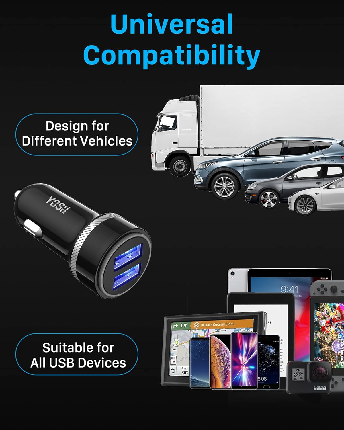 YOSH USB C Car Charger with 24W Ultra-Compact Dual Port, Fast Charge Cigarette Lighter USB Charger, in Car Charger 2 Ports Car Charger Adapter for iPhone 17 16 15 14 13 12 Pro Max Samsung Huawei Xiaomi