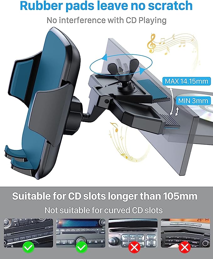 YOSH CD Phone Holder for Car, CD Slot Phone Holder Mount with Adjustable Clamp, 360° Rotation Phone Holder for iPhone 15 14 13 12 11 pro max X XR 8 7 Plus Samsung S21 S20 Huawei P30 P20 Xiaomi etc.