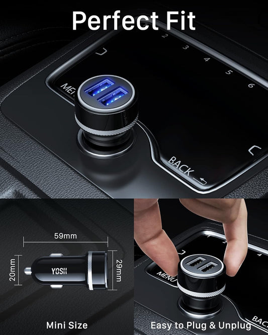 YOSH USB C Car Charger with 24W Ultra-Compact Dual Port, Fast Charge Cigarette Lighter USB Charger, in Car Charger 2 Ports Car Charger Adapter for iPhone 17 16 15 14 13 12 Pro Max Samsung Huawei Xiaomi
