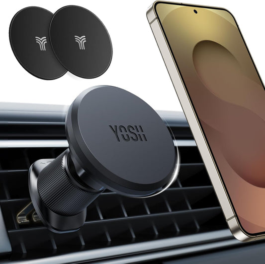 YOSH Magnetic Phone Holder, Air Vent Upgraded Strongest Magnets & Super Stable Double Metal Hook, Mobile Phone Holder for Car Vent Compatible with iPhone Samsung Huawei up to 7.0”