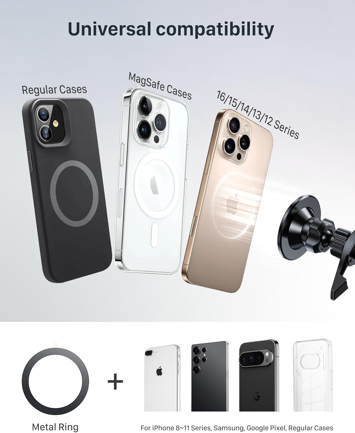YOSH MagSafe Car Mount Round Air Vent for Mercedes Benz Audi BMW Mini Cooper, Magnetic Phone Car Mount, iPhone Holder with 20xN55 Magnets for iPhone 16/15/14/13 Series, Metal Ring for Others