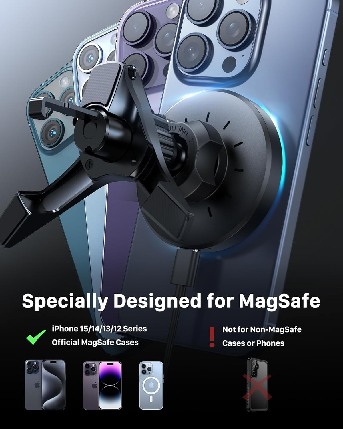 YOSH MagSafe Car Charger Mount Round Air Vent for Mercedes Benz Audi BMW Mini Cooper, 15W Fastest Charging Magnetic Car Phone Holder Charger, Perfect for iPhone 17/16/15/14/13/12 Series & Mag-Safe Case
