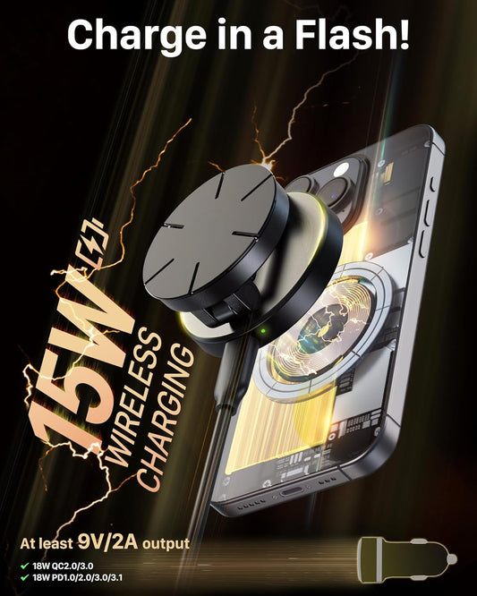 YOSH MagSafe Car Charger Mount, 15W Fast Charging Magnetic Wireless Car Charger, Alloy Folding Design for Dashboard with 20x N55 Magnets for iPhone 17/16/15/14/13/12 Series Samsung