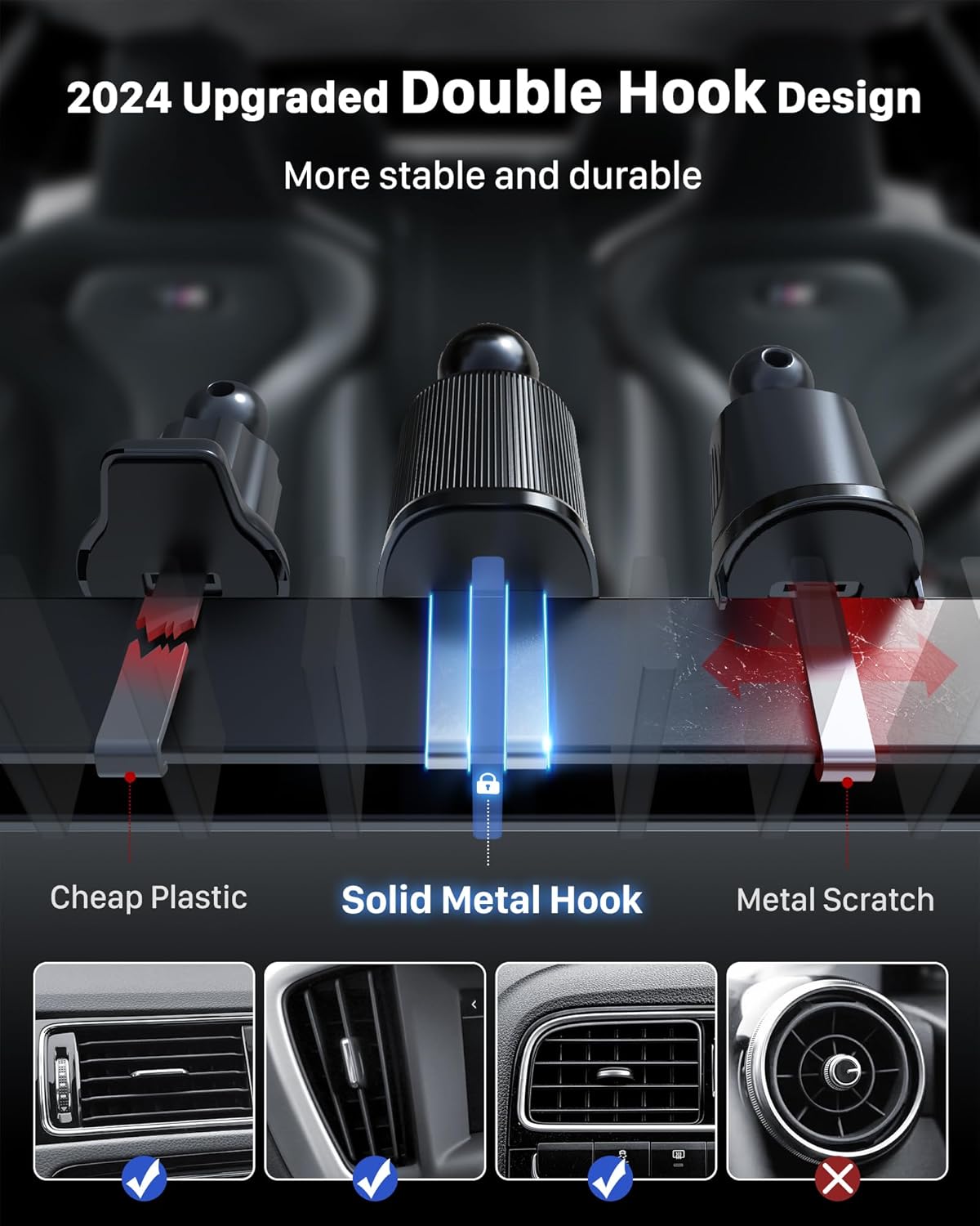YOSH Car Vent Phone Mount, Upgraded Double Lock Metal Hook Car Phone Holder, Quick Release Air Vent Holder for iPhone 17 16 15 14 13 12 11 Pro Max Plus Samsung S24 S23 S22 S21 Pixel etc