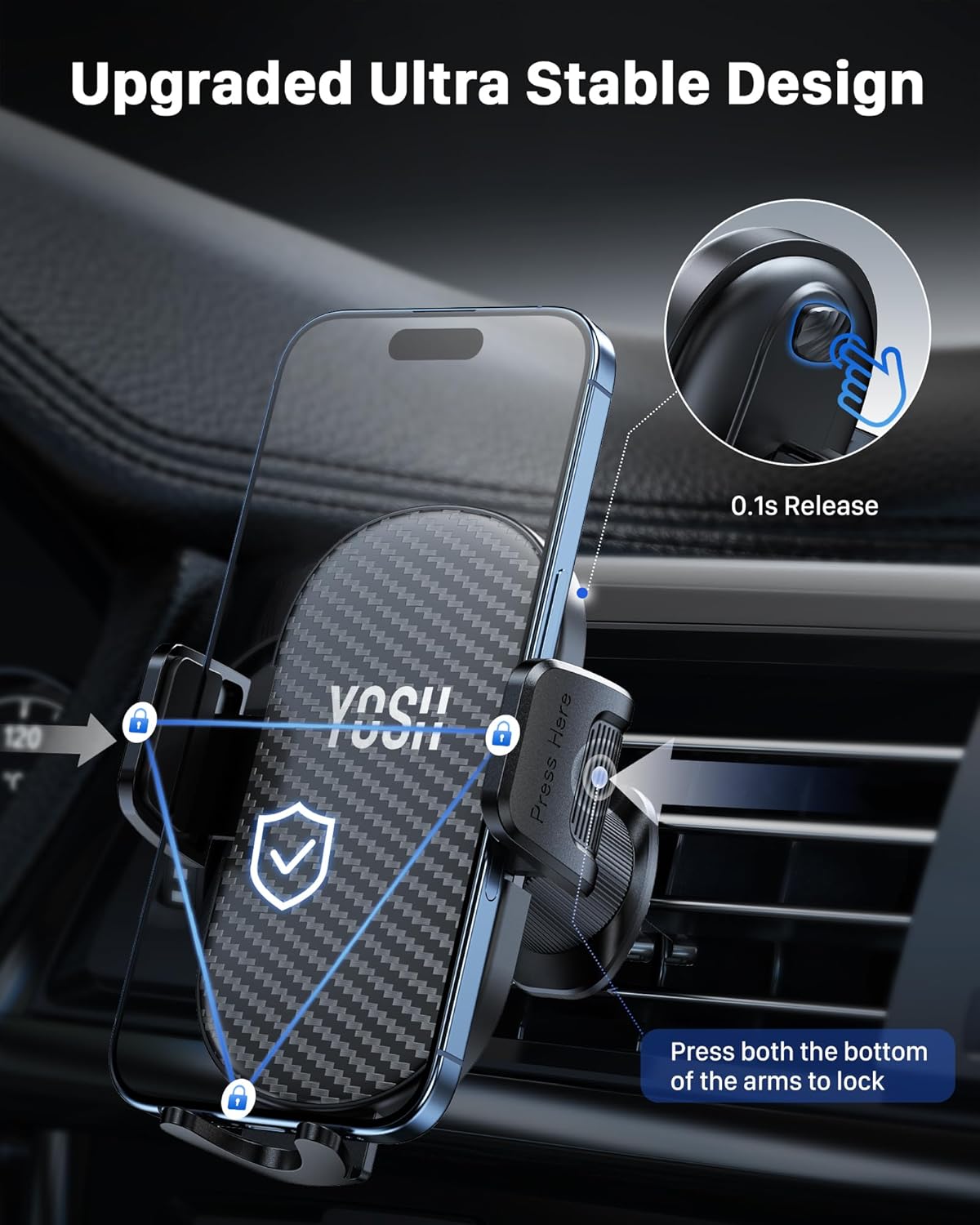 YOSH Car Vent Phone Mount, Upgraded Double Lock Metal Hook Car Phone Holder, Quick Release Air Vent Holder for iPhone 17 16 15 14 13 12 11 Pro Max Plus Samsung S24 S23 S22 S21 Pixel etc