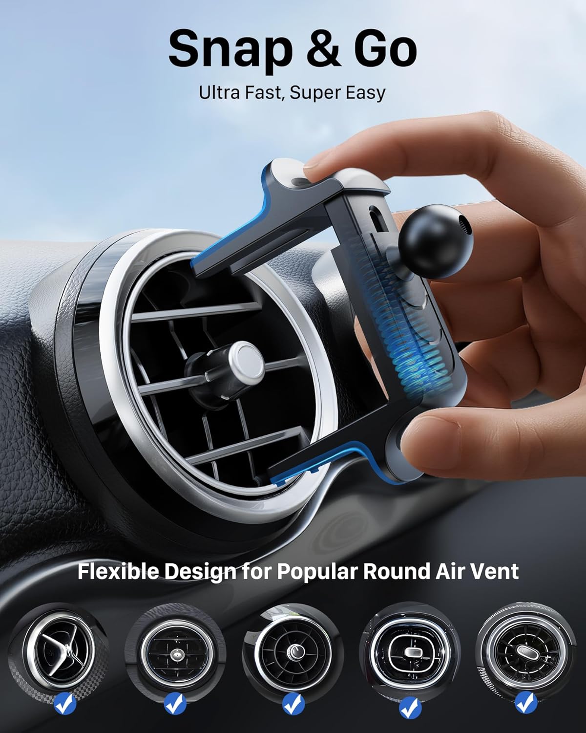 YOSH Mercedes Phone Holder for Mercedes Benz A/C Class A180/200 C180/200/260/300, GLB/GLC, Audi A1, Reinforced Car Phone Holder Spring Clip for Round Air Vent, Circular Vent Cradle for iPhone Samsung