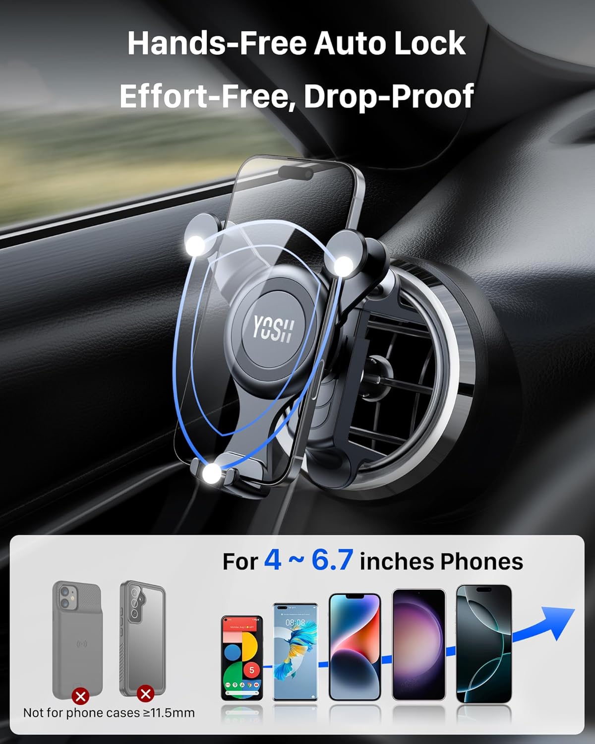 YOSH Mercedes Phone Holder for Mercedes Benz A/C Class A180/200 C180/200/260/300, GLB/GLC, Audi A1, Reinforced Car Phone Holder Spring Clip for Round Air Vent, Circular Vent Cradle for iPhone Samsung