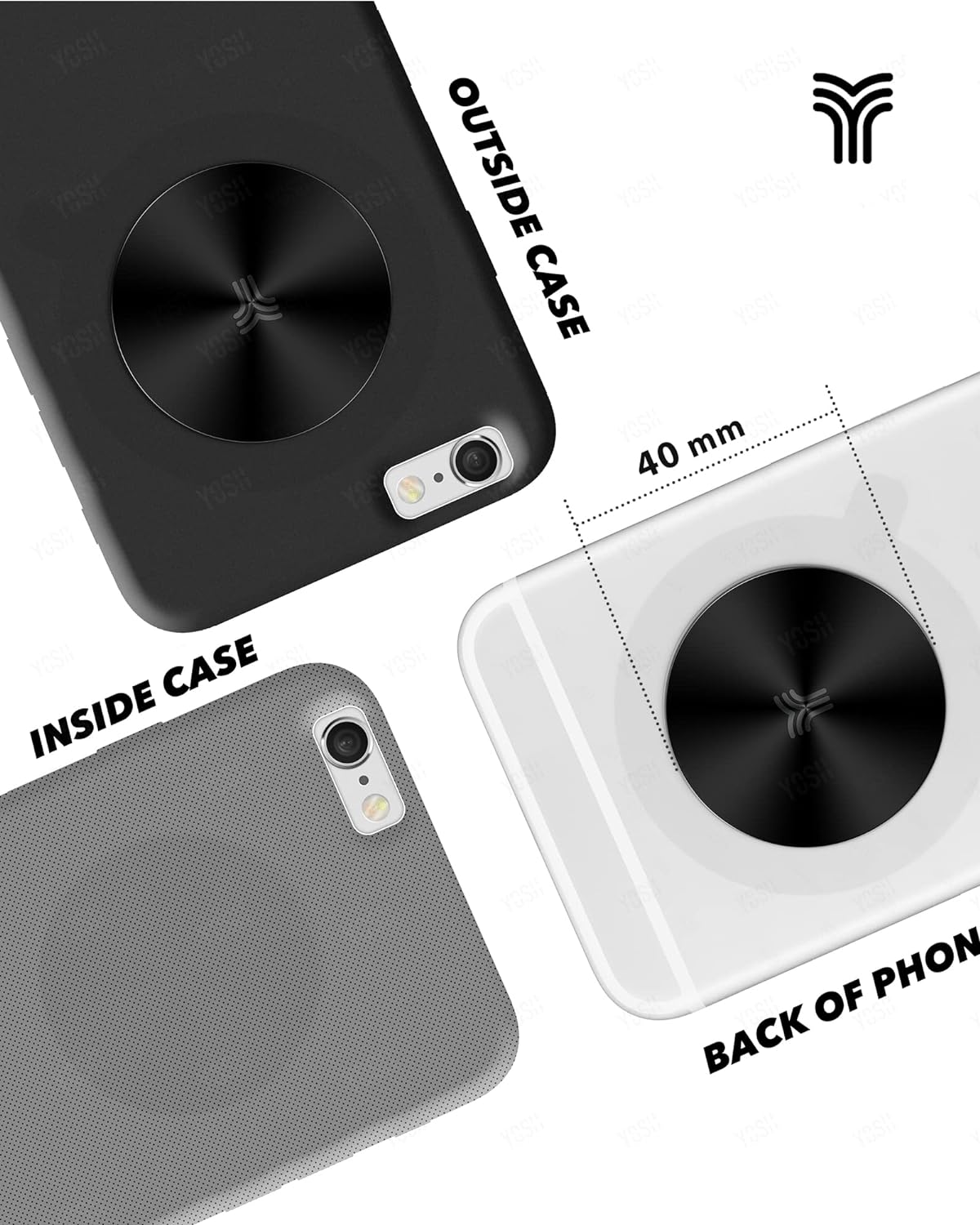 YOSH Ersatz-Montageplatten-Kits für dünne Metallplatten mit starkem Klebstoff für magnetische Telefon-Autohalterung, Telefonmagnetaufkleber, kompatible magnetische Telefon-Autohalterung, 4er-Pack, rund, schwarz.