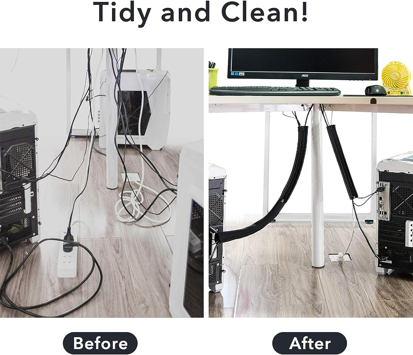 YOSH Cable Tidy Wire Sleeves with Zippers, 2m Cable Management Sleeves Under Desk Cord Organizer for PC/TV USB Cable Power Cord Audio Video Cable at Home/in Office Prevent Cat-Chewing-50cm 4pcs Black