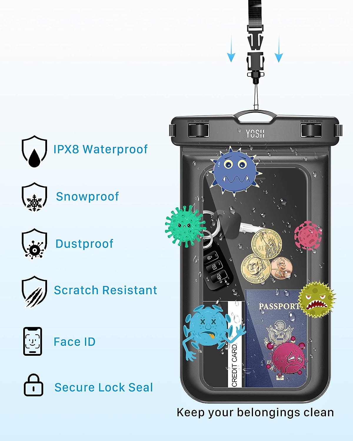 Pochette étanche pour téléphone YOSH IPX8 avec cordon, étui étanche pour téléphone pour natation, sac étanche sous-marin pour plongée en apnée, bateau, pêche pour iPhone 15 14 13 12 11 Pro X Samsung S24 S23 S22 jusqu'à 6,8"