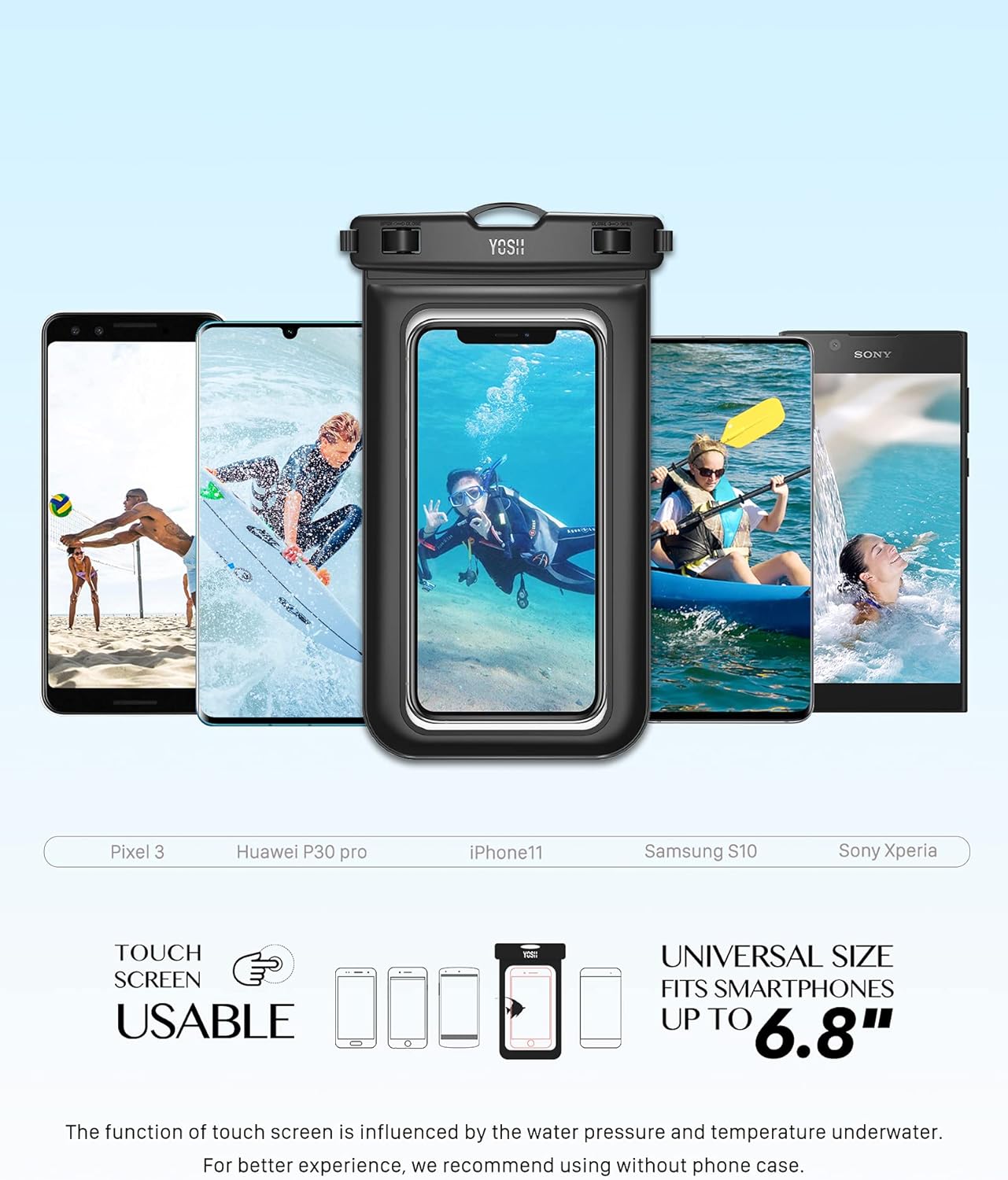 YOSH IPX8 Waterproof Phone Pouch 2-Pack, Underwater Phone Case, iPhone Waterproof Case with Lanyard, Dry Bag for iPhone 17 16 15 14 13 12 11, Samsung S24 S23 S22, Huawei Xiaomi up to 6.8 inches-Black