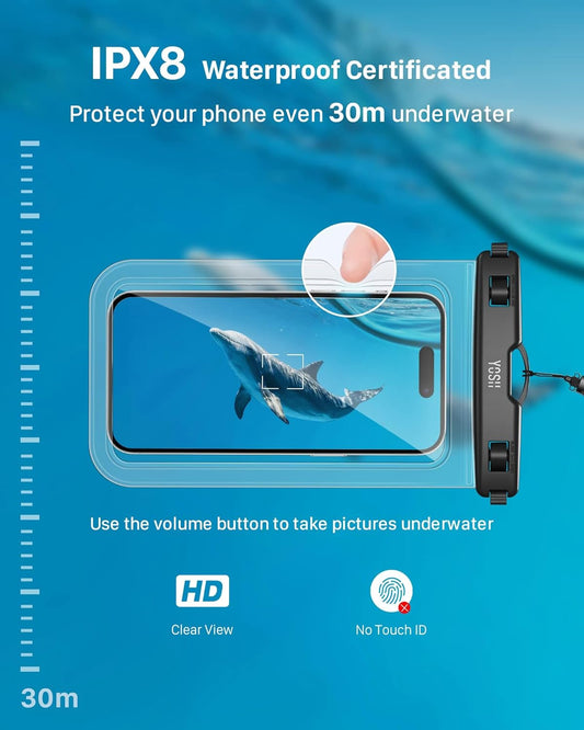 Pochette étanche pour téléphone YOSH, lot de 2 étuis de téléphone étanches IPX8 pour la natation, étui de téléphone sous-marin pour iPhone 16 15 14 13 12 11 Pro XS, Samsung S24 S23 S22 A55 A54 A15, Huawei P60 Mate 60 jusqu'à 6,8"