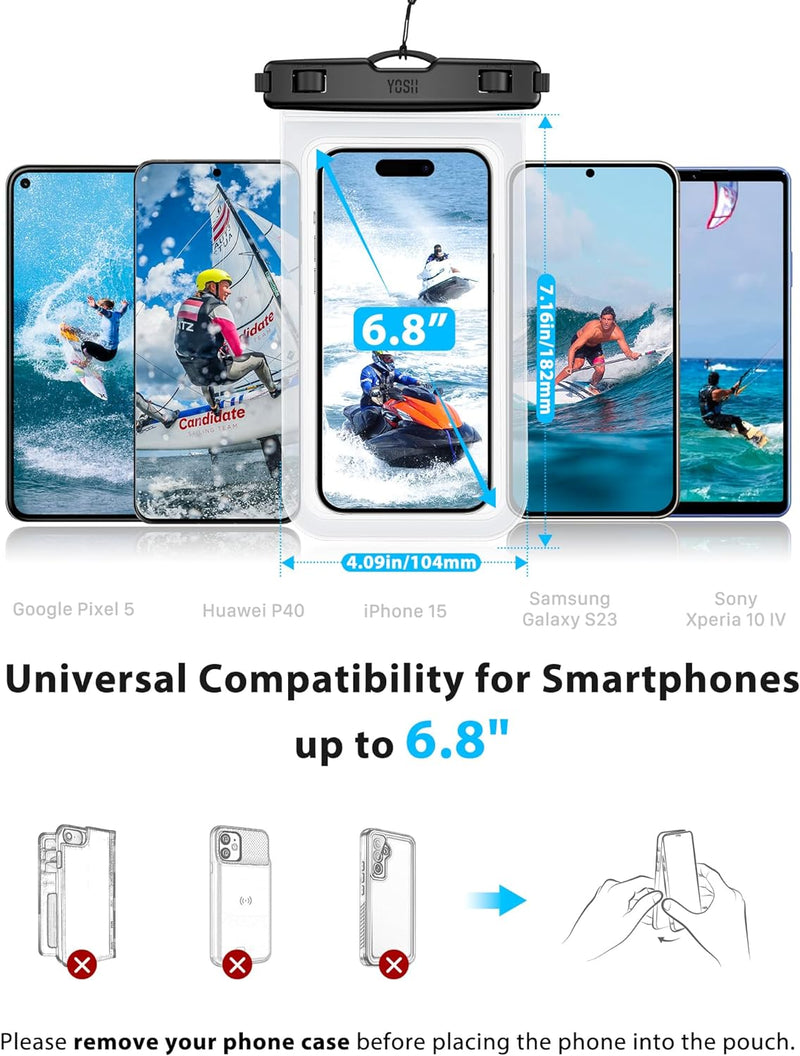 YOSH Waterproof Phone Pouch, 2 Pack IPX8 Waterproof Phone Case for Swimming, Underwater Phone Case for iPhone 15 14 13 12 11 Pro XS, Samsung S24 S23 S22, Huawei P60 Mate 60 up to 6.8"