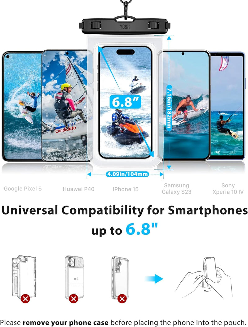 YOSH Waterproof Phone Pouch, 2-Pack IPX8 Underwater Waterproof Phone Case for Swimming with Upgraded Adjustable Lanyard for iPhone 15 14 13 12 11 Pro XS, Samsung S22 S21 S20 Huawei Xiaomi-up to 6.8"