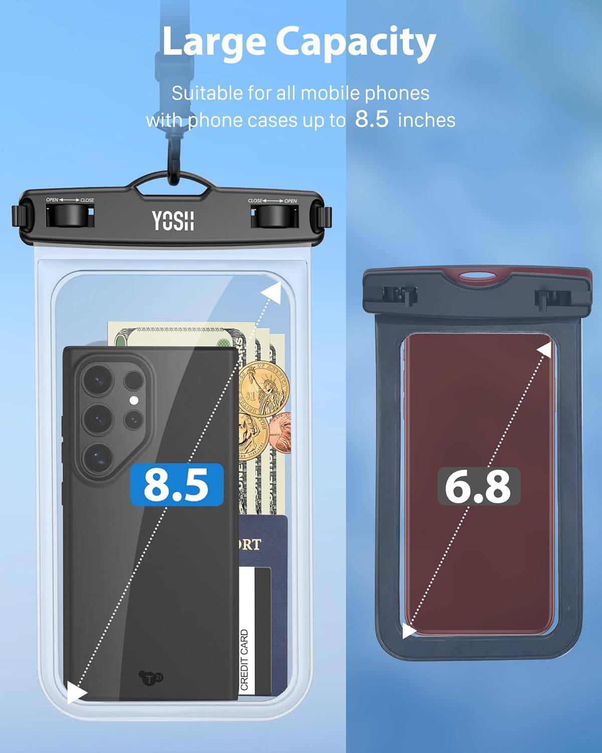 YOSH Waterproof Phone Pouch for Big Phones up to 8.5 inch, 2-Pack IPX8 Waterproof Phone Case for Boating Paddleboarding SUP, Waterproof Bag for iPhone 17 16 15 14 Pro Max Samsung S24 FE S23 S22 Ultra