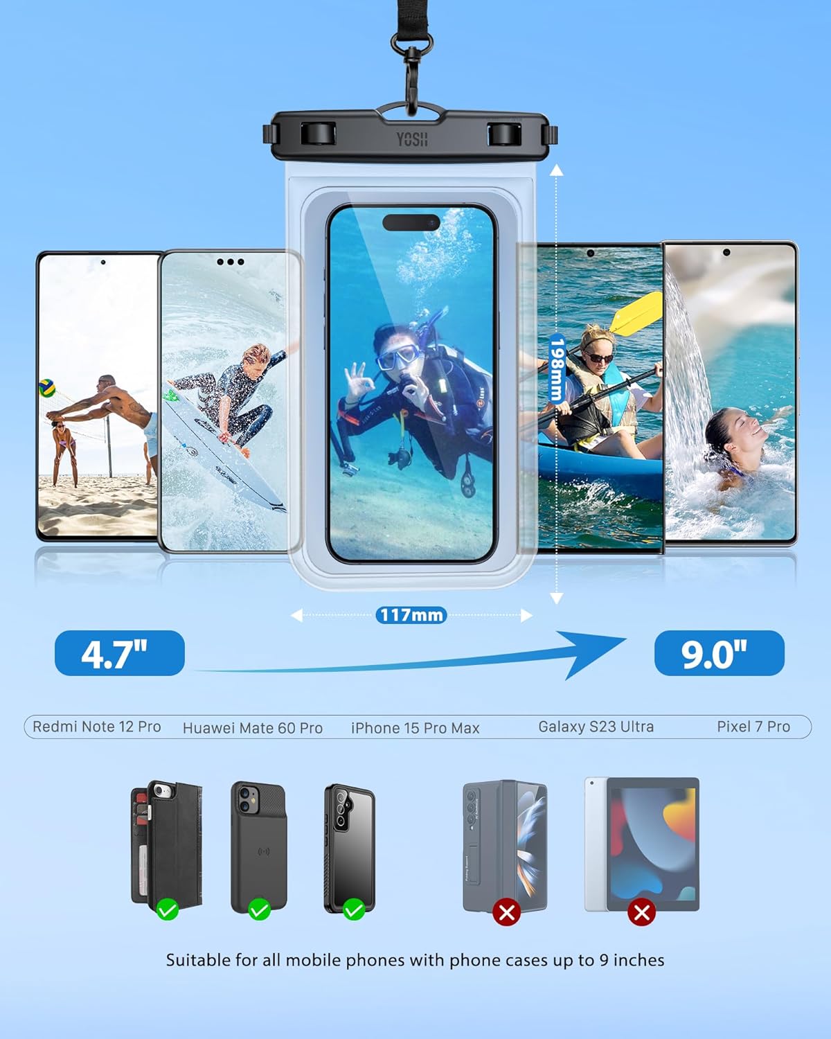 YOSH Waterproof Phone Pouch for Big Phones up to 8.5 inch, 2-Pack IPX8 Waterproof Phone Case for Boating Paddleboarding SUP, Waterproof Bag for iPhone 17 16 15 14 Pro Max Samsung S24 FE S23 S22 Ultra