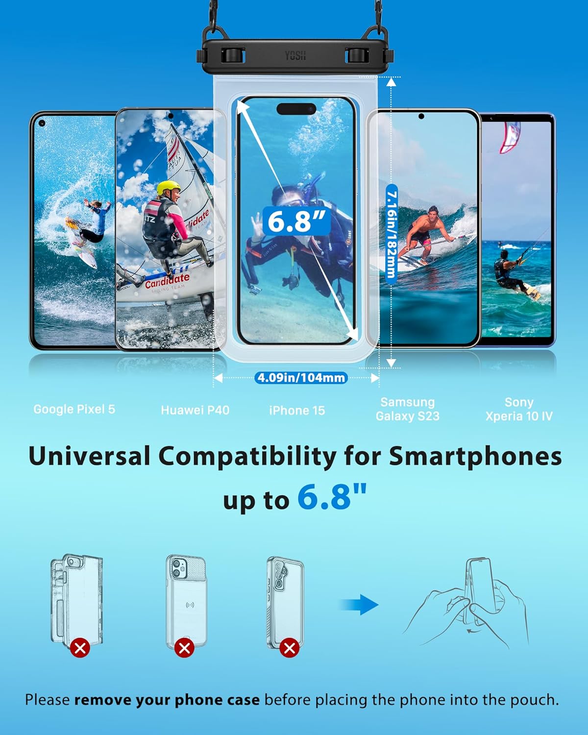 YOSH Crossbody Waterproof Phone Pouch, 2 Pack IPX8 Waterproof Phone Case for Swimming, Underwater Phone Case for iPhone 17 16 15 14 13 12 11 Pro XS, Samsung S24 S23 S22, Huawei P40 P30 Xiaomi up to 6.8"