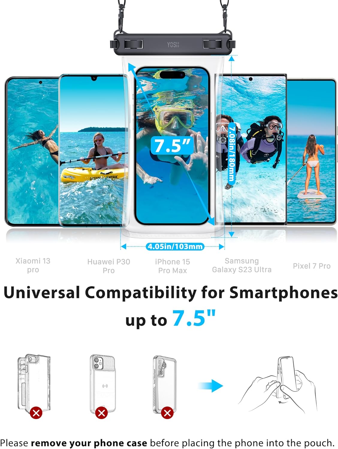 YOSH Pochette étanche en TPU pour téléphone avec cordon plus large, lot de 2 étuis étanches pour téléphone, sac sec pour la natation pour iPhone 16 15 14 Plus 13 12 11 Pro Max, Samsung S24 S23 S22 Ultra, Xiamo 14 Ultra jusqu'à 7,5"