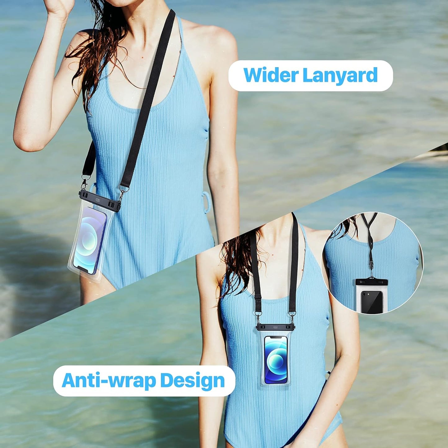 YOSH Pochette étanche en TPU pour téléphone avec cordon plus large, lot de 2 étuis étanches pour téléphone, sac sec pour la natation pour iPhone 16 15 14 Plus 13 12 11 Pro Max, Samsung S24 S23 S22 Ultra, Xiamo 14 Ultra jusqu'à 7,5"