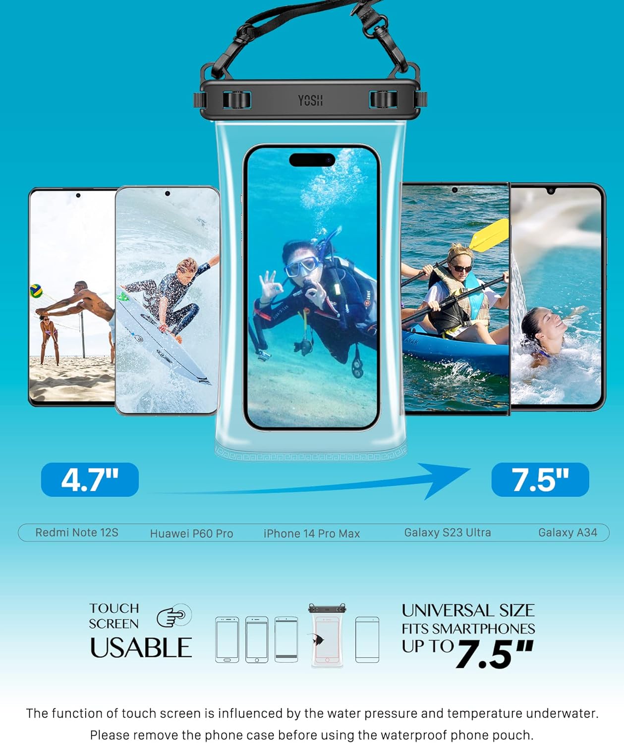 YOSH 2023 TPU-wasserdichte Handytasche, IPX8 Unterwasser-wasserdichte Handyhülle zum Schwimmen, transparente Handy-Trockentasche mit Trageband für iPhone 15 14 13 12 11 Pro Max Samsung Xiaomi bis zu 7,5 Zoll, 2 Stück