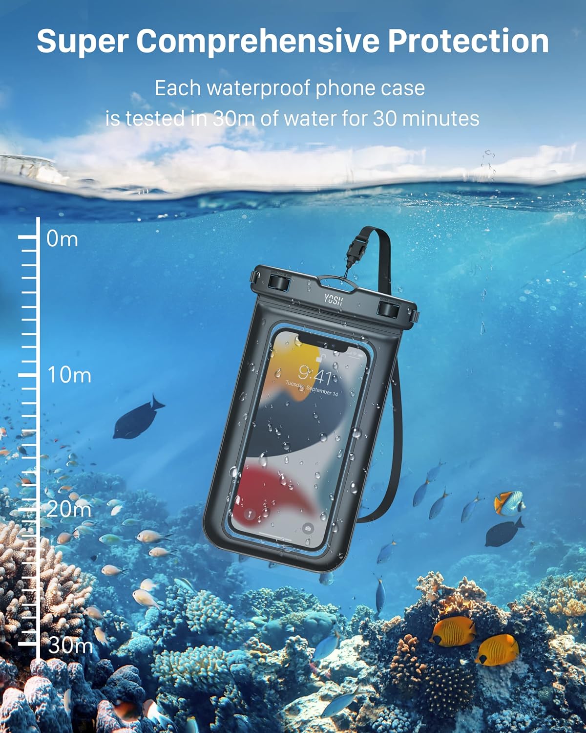 YOSH Waterproof Pouch Bag and Phone Case, Underwater Case Dry Bag with Adjustable Waistband for Beach, Swimming, Boating, Kayaking, Fishing, Snorkeling, Protect Phone, Passport, Camera, Cash