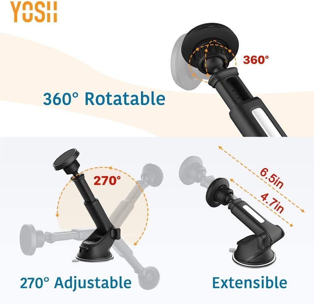 YOSH Magnetic Car Phone Holder for Dashboard & Windscreen, Adjustable Car Phone Mount with 6 Strong Magnets & Washable Suction Cup, Phone Holder Cradle for iPhone Pro Max XS XR Samsung