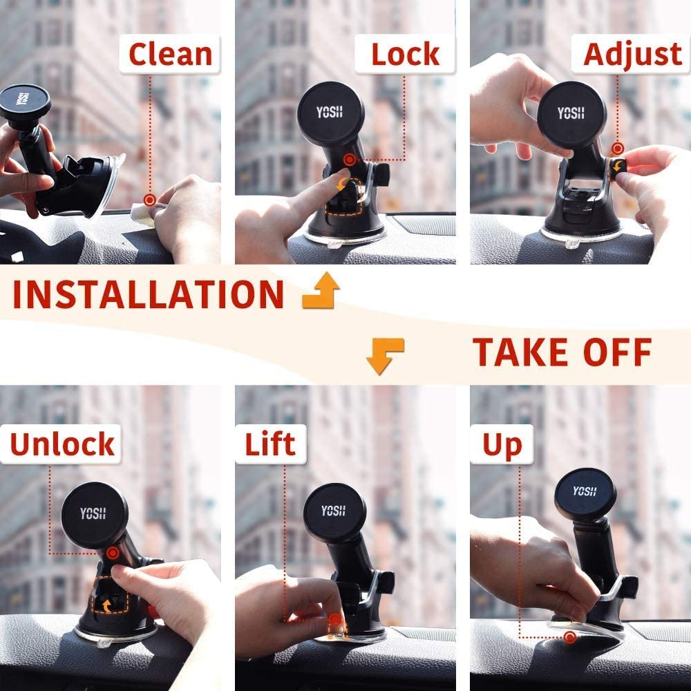 YOSH Magnetic Car Phone Holder for Dashboard & Windscreen, Adjustable Car Phone Mount with 6 Strong Magnets & Washable Suction Cup, Phone Holder Cradle for iPhone Pro Max XS XR Samsung