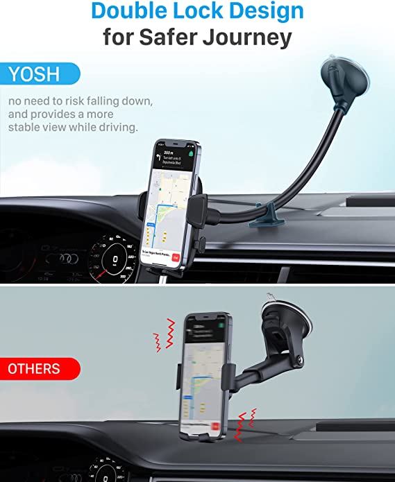 YOSH Car Phone Holder, 2022 Auto Lock Windscreen Phone Holder for Cars, Super Suction Cup with Long Arm Gooseneck, Car Phone Holder for Mini Van for iPhone 13 12 11 pro max Samsung Huawei etc.