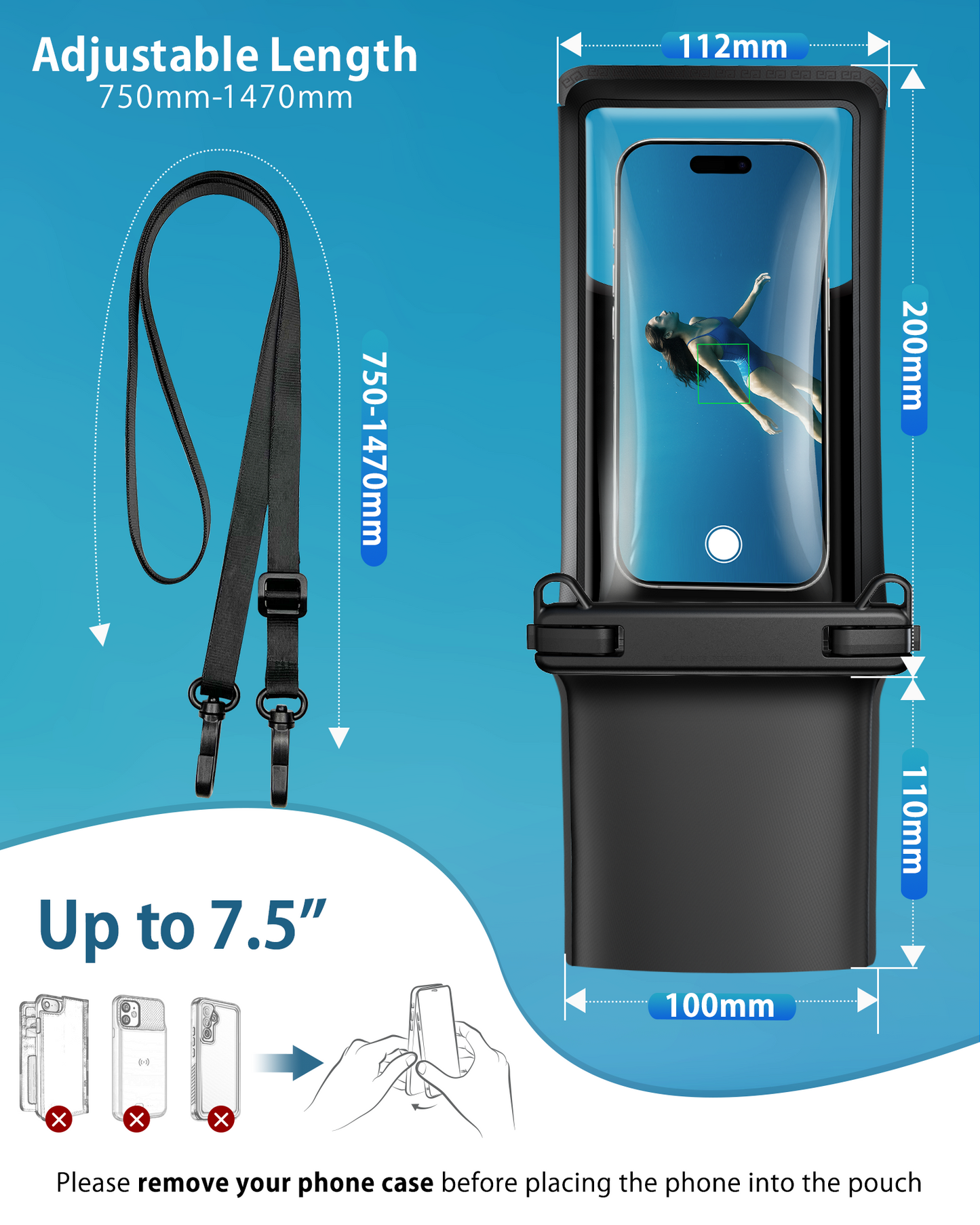 YOSH Waterproof Phone Pouch [2026 3D Double Space][1 Pack], IPX8 Crossbody Waterproof Phone Case for Swimming Travel Holiday, Underwater Case for iPhone 17 16 Pro Max Samsung S26 S25 Ultra Up to 7.5"