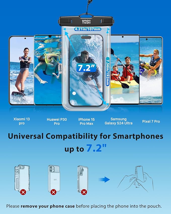 YOSH Waterproof Phone Pouch [Borderless Design], IPX8 Waterproof Phone Case for Swimming, Underwater Phone Case for iPhone 16 15 14 Plus 13 Pro Max 12 11, Samsung S24 S23 S22, Xiaomi 14 Pro up to 7.2