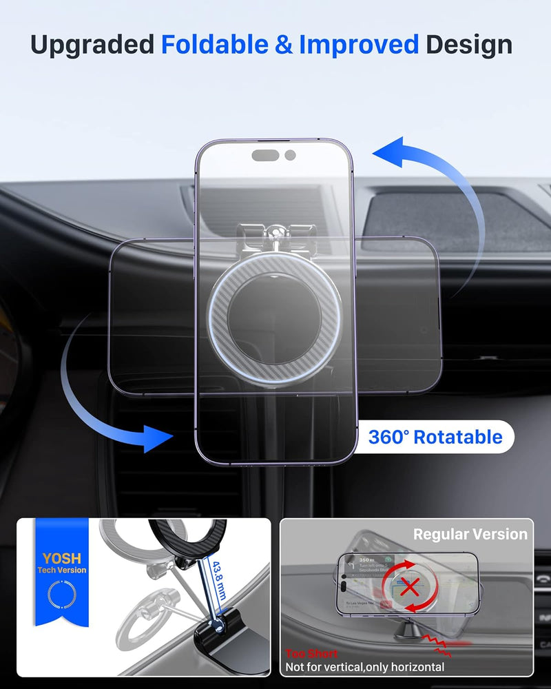 YOSH Mag-Safe Car Mount Dashboard, 2024 Alloy Folding & Carbon Fiber Design Magnetic Phone Car Mount with 20x N55 Magnets, Perfect for Tesla BMW Mercedes & iPhone 15/14/13/12 Series & Mag-Safe Cases