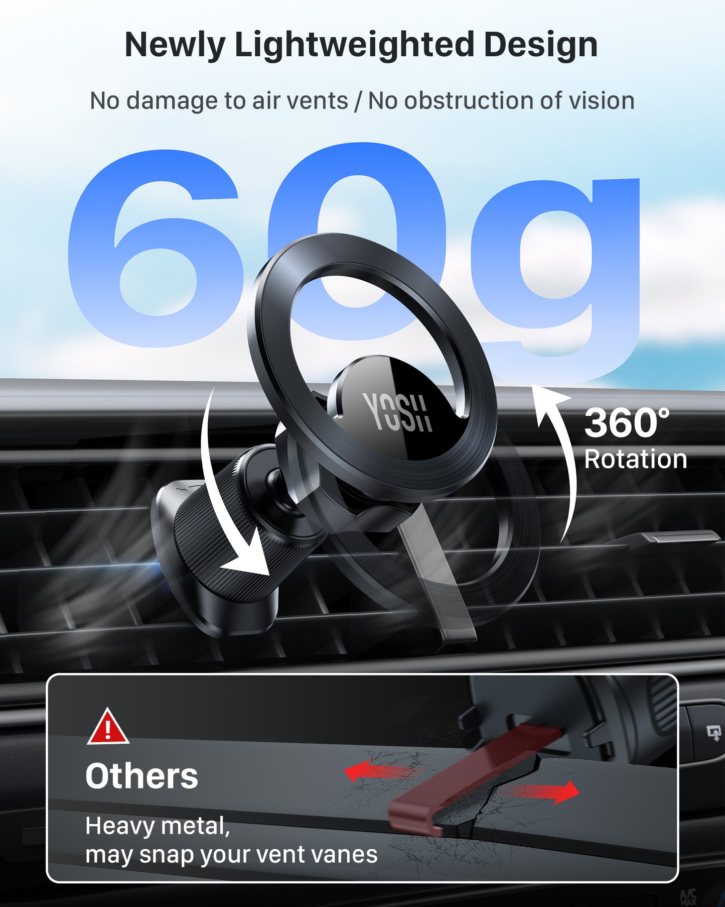 YOSH for MagSafe Car Mount, 2024 Air Vent Magnetic Phone Car Mount with 20 x N55 Magnets & 60g Ultra-Light Design, Super Stable iPhone Car Holder for iPhone 16/15/14/13/12 Series & MagSafe Case