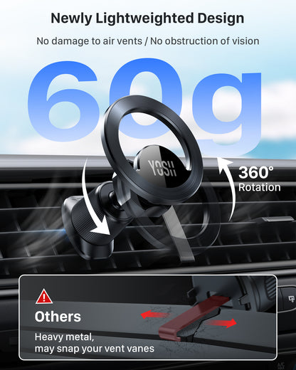YOSH for MagSafe Car Mount, 2024 Air Vent Magnetic Phone Car Mount with 20 x N55 Magnets & 60g Ultra-Light Design, Super Stable iPhone Car Holder for iPhone 16/15/14/13/12 Series & MagSafe Case