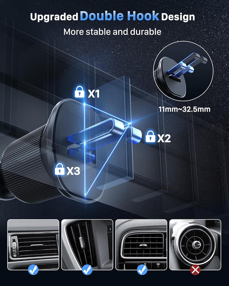YOSH MagSafe Car Mount, Magnetic Phone Car Mount, Phone Holder for Cars Air Vent with 20 x N55 Magnets, iPhone Car Holder Double Hook Design for iPhone 15 14 13 12 Series & Mag-Safe Case & All Phones