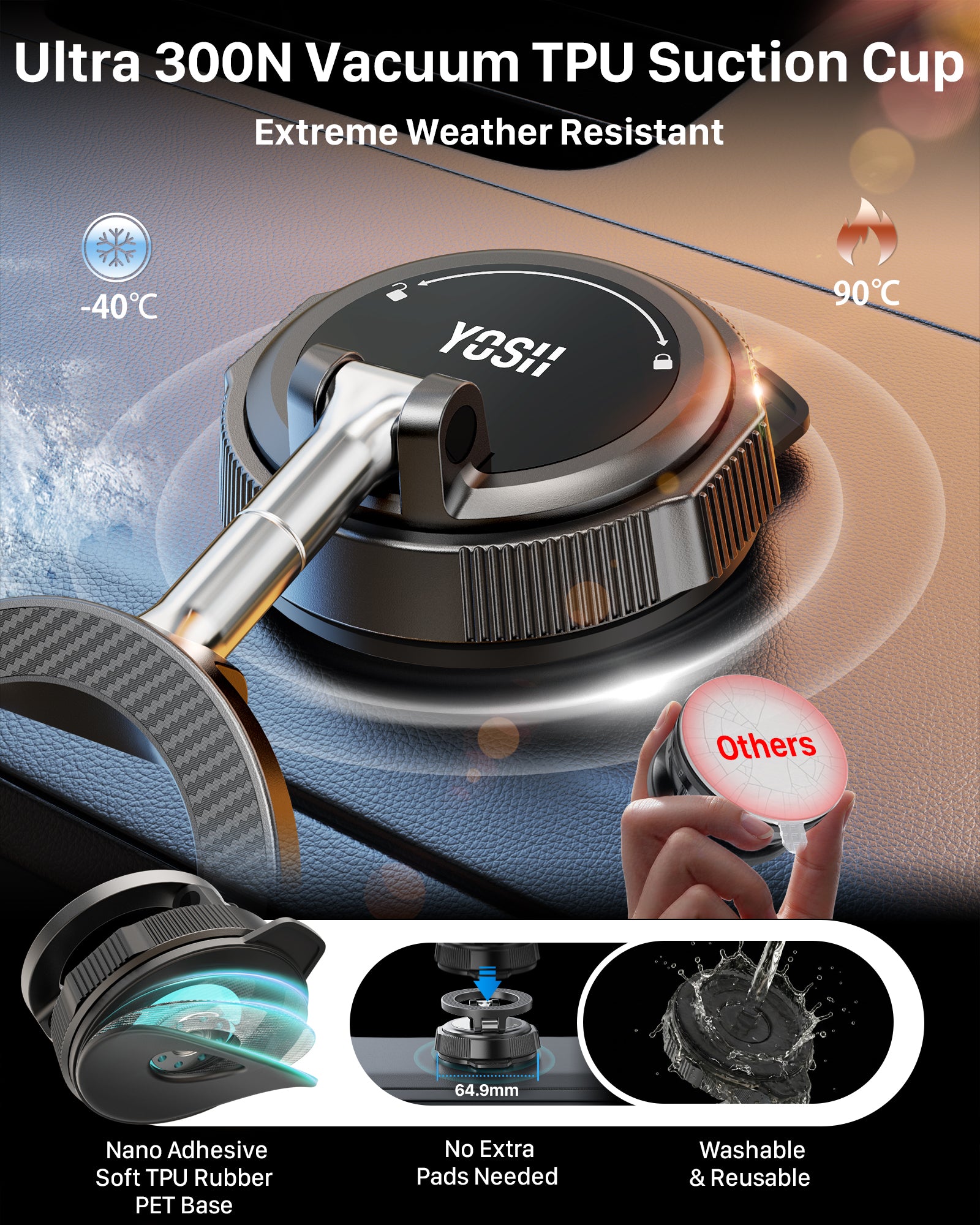 YOSH Magsafe Car Mount, Vacuum Magnetic Phone Holder for Cars [N56 Magnets & Stable Vacuum Suction], with 360° Rotating Foldable Arm for Dashboard & Windscreen, for iPhone 17-12 Samsung Pixel