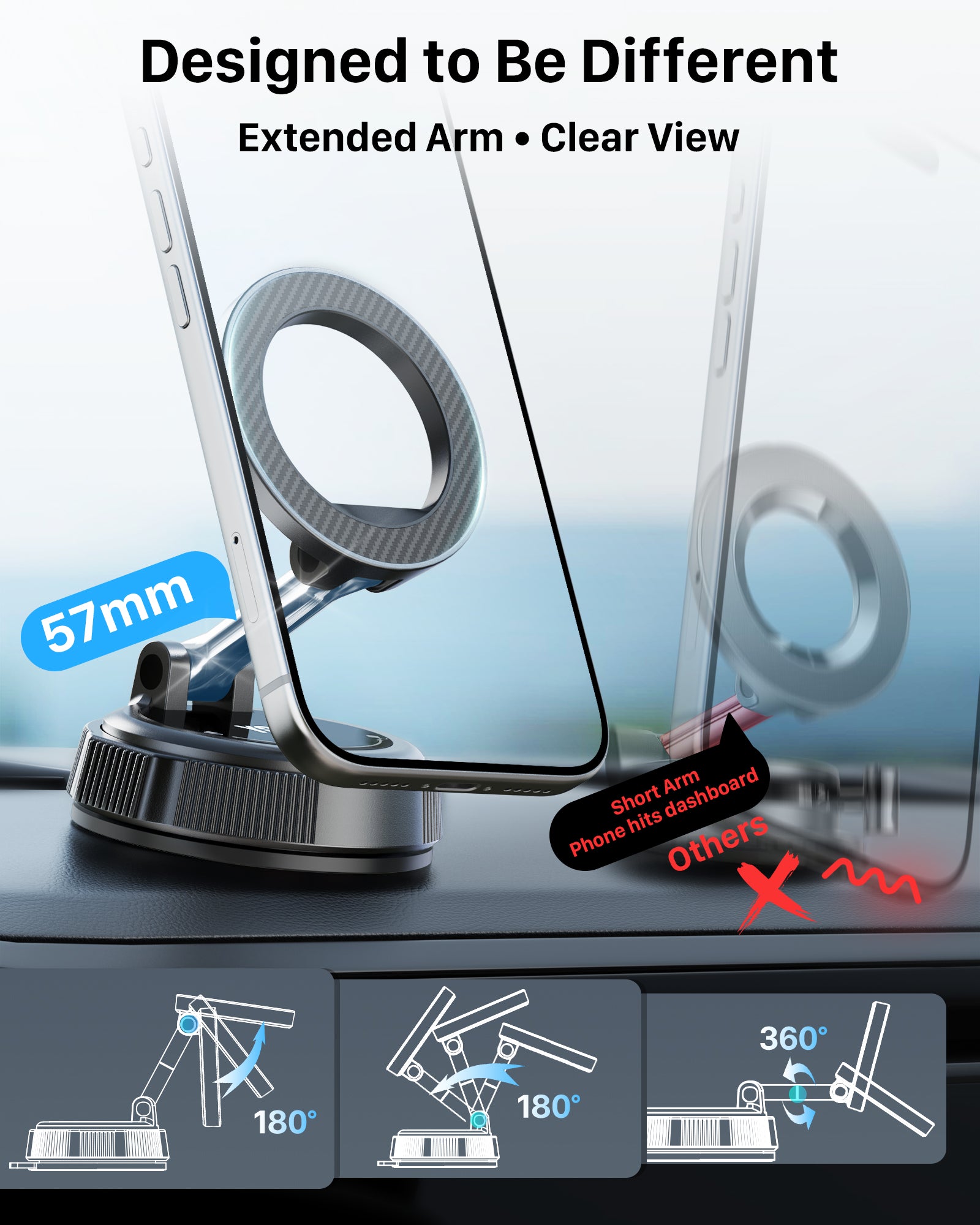 YOSH Magsafe Car Mount, Vacuum Magnetic Phone Holder for Cars [N56 Magnets & Stable Vacuum Suction], with 360° Rotating Foldable Arm for Dashboard & Windscreen, for iPhone 17-12 Samsung Pixel