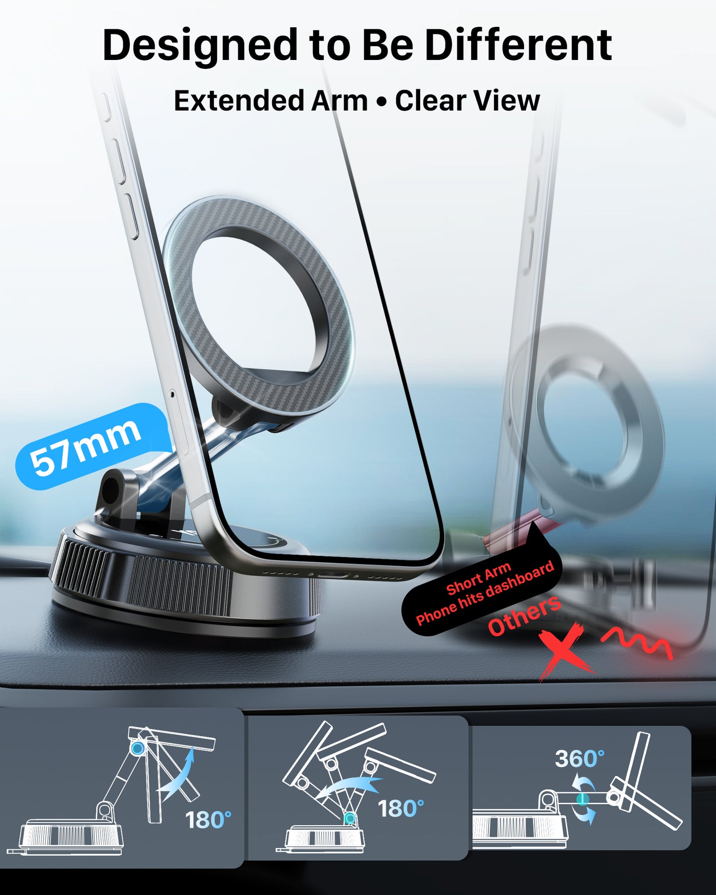 YOSH Magsafe Car Mount, Vacuum Magnetic Phone Holder for Cars [N56 Magnets & Stable Vacuum Suction], with 360° Rotating Foldable Arm for Dashboard & Windscreen, for iPhone 17-12 Samsung Pixel