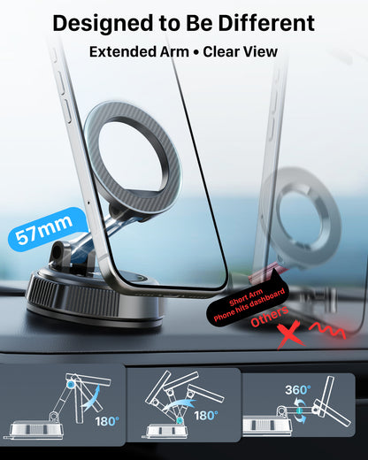 YOSH Magsafe Car Mount, Vacuum Magnetic Phone Holder for Cars [N56 Magnets & Stable Vacuum Suction], with 360° Rotating Foldable Arm for Dashboard & Windscreen, for iPhone 17-12 Samsung Pixel
