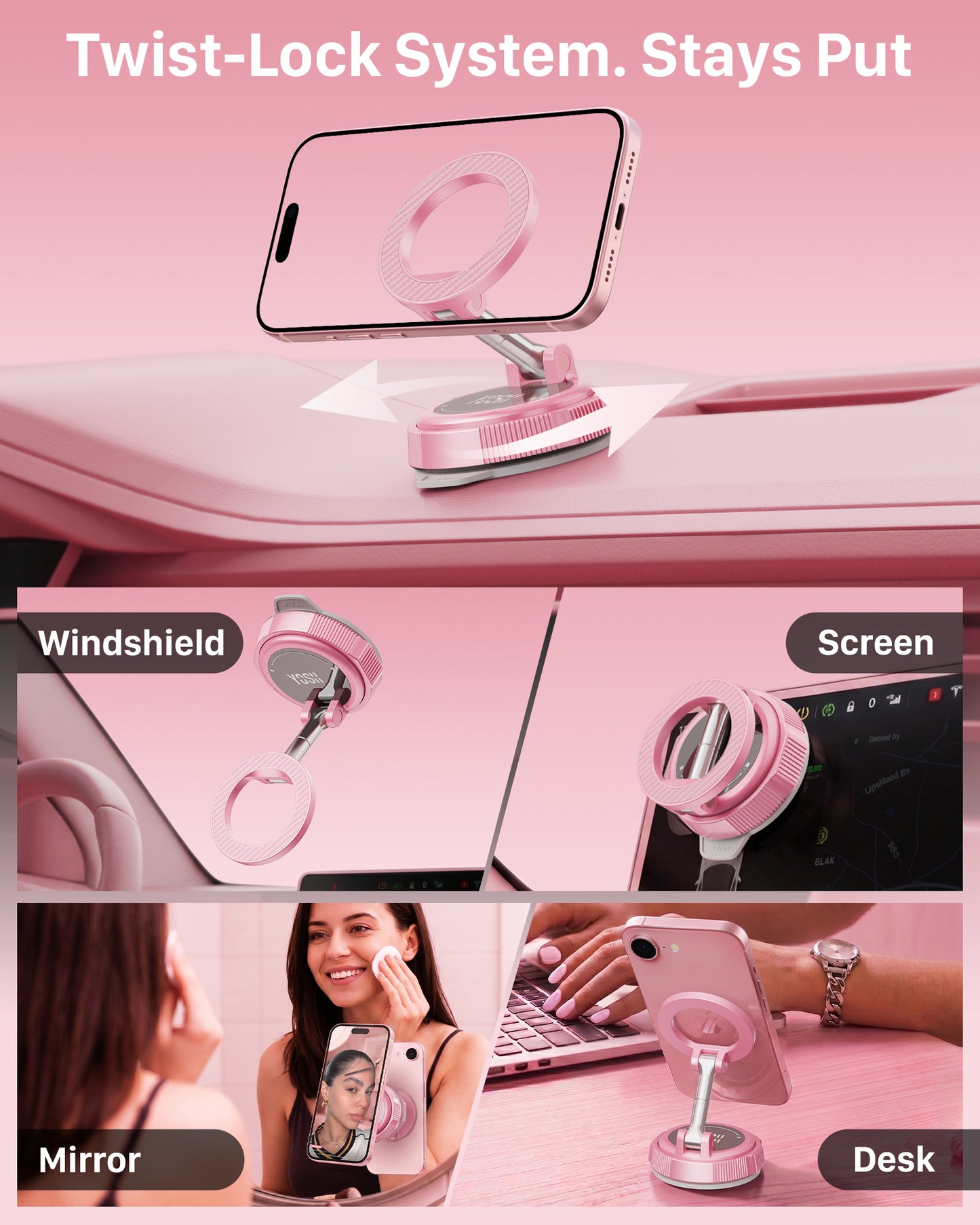 YOSH Pink Vacuum Car Phone Holder for Magsafe, Foldable Magnetic Phone Mount with 360° Adjustable Arm for Video Recording, Content Creation & Car Use, for iPhone Samsung Pixel