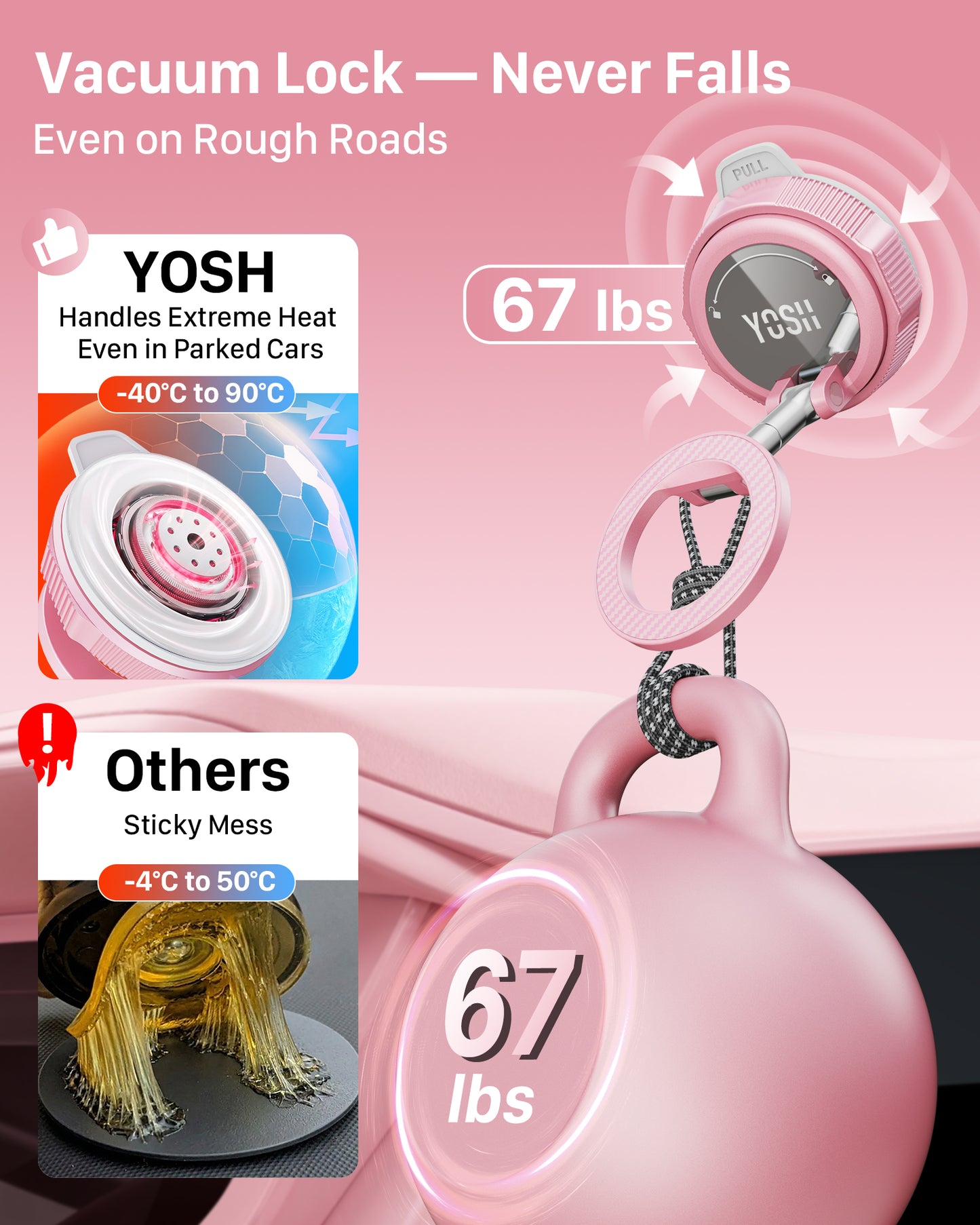 YOSH Pink Vacuum Car Phone Holder for Magsafe, Foldable Magnetic Phone Mount with 360° Adjustable Arm for Video Recording, Content Creation & Car Use, for iPhone Samsung Pixel