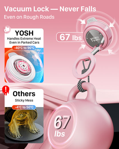 YOSH Pink Vacuum Car Phone Holder for Magsafe, Foldable Magnetic Phone Mount with 360° Adjustable Arm for Video Recording, Content Creation & Car Use, for iPhone Samsung Pixel